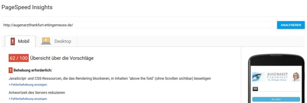 Mobile Webseiten Beispiel SpeedInsights