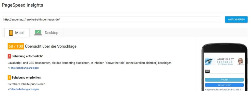 Mobile Webseiten SpeedInsights Cache-Optimierung